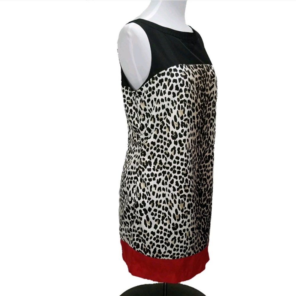 White House Black Market Black Cream Leopard Print Midi Dress with Red Hem